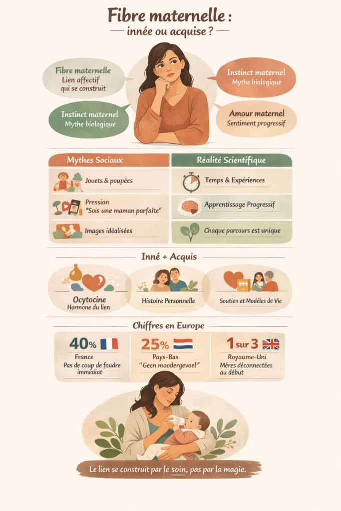 Infographie expliquant que la fibre maternelle n’est pas innée mais se construit progressivement, avec mythes sociaux, réalités scientifiques et données européennes