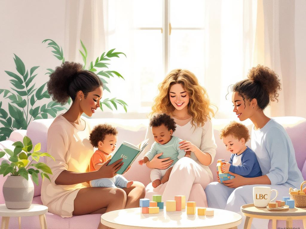 Illustration de femmes diversifiées (mères, futures mamans) interagissant avec des bébés et enfants : lecture, câlins, jeux. Ambiance chaleureuse et inclusive pour évoquer la fibre maternelle et le lien mère-enfant. Logo LBC (La Bonne Copine) visible sur un livre.