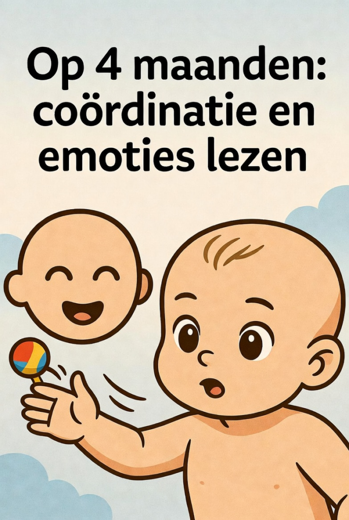 Illustratie van de ontwikkeling van het zicht van de baby op 4 maanden: cartoon baby coördineert hand en oog om een kleurrijk speelgoedje te grijpen en onderscheidt een lachend gezicht van een verdrietig gezicht, tekst: Op 4 maanden: coördinatie en emoties lezen. De baby kan nu afstand inschatten, bewegingen volgen en emoties lezen.