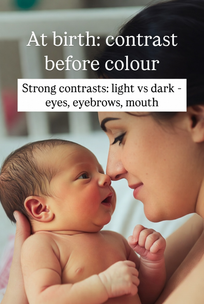 Newborn baby at birth focusing on mother's face thanks to strong contrasts (eyes, eyebrows and mouth)