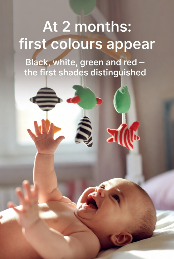 2-month-old baby discovering the first colours &mdash; black, white, green and red &mdash; on a colourful mobile