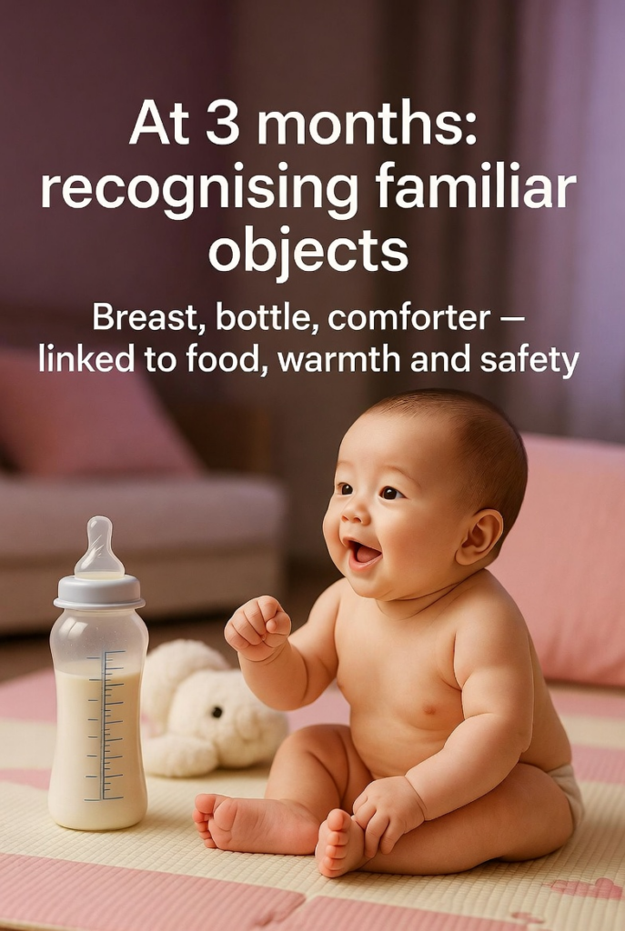 3-month-old baby sitting on a play mat and smiling happily while recognising familiar objects &ndash; baby bottle, soft comforter and breast &ndash; linked to food, warmth and safety &ndash; vision development milestone at 3 months