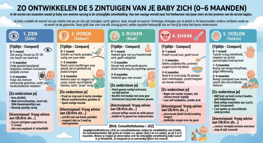 Infographic diagram met tijdlijn die de geleidelijke vooruitgang van de zintuiglijke ontwikkeling baby (gehoor, zicht, reuk, smaak, tastzin) illustreert van geboorte tot 6 maanden.