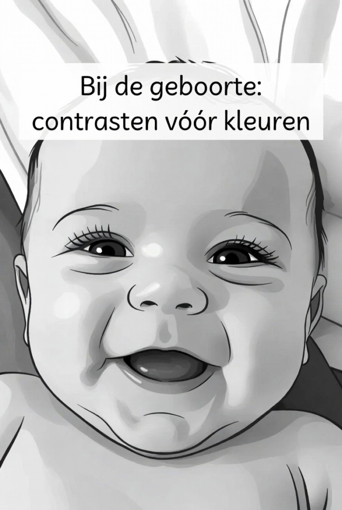 Illustratie van de ontwikkeling van het zicht van de baby bij de geboorte: gezicht van een pasgeborene in zwart-wit met sterke contrasten (ogen, wenkbrauwen, mond), tekst: Bij de geboorte: contrasten vóór kleuren. De baby ziet eerst alleen licht en donker.