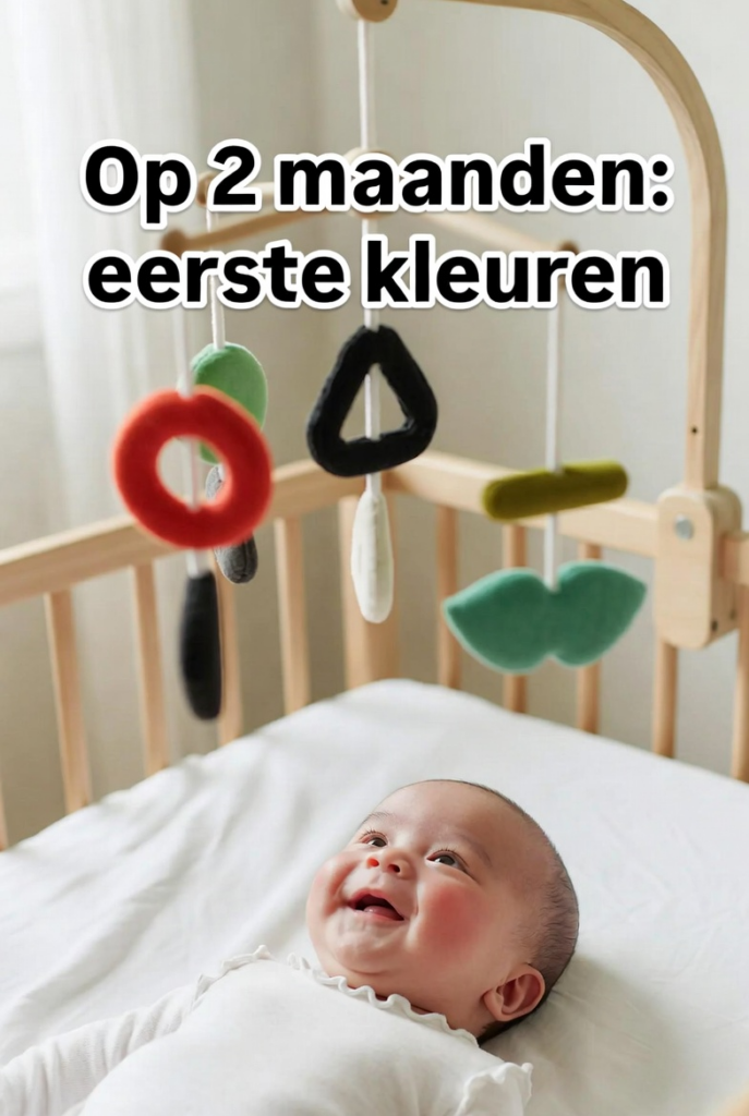 Illustratie van de ontwikkeling van het zicht van de baby op 2 maanden: lachende baby in een wieg kijkt naar een kleurrijke mobile met rood, groen, zwart en wit, tekst: Op 2 maanden: eerste kleuren. De baby begint nu bepaalde kleuren te onderscheiden.