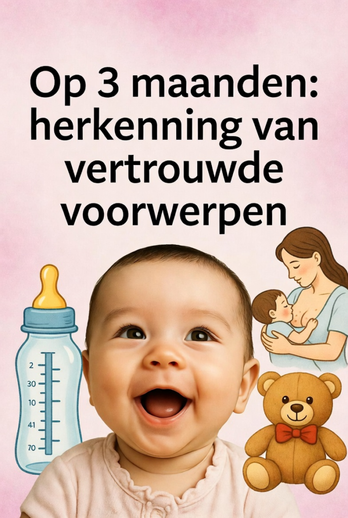 Illustratie van de ontwikkeling van het zicht van de baby op 3 maanden: lachende baby herkent vertrouwde voorwerpen zoals een fles, een knuffelbeer en borstvoeding, tekst: Op 3 maanden: herkenning van vertrouwde voorwerpen. De baby kan nu specifieke voorwerpen herkennen en eraan koppelen.