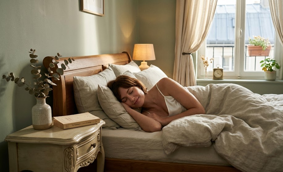 Une femme sereine profite d'un sommeil réparateur dans une chambre lumineuse et apaisante.