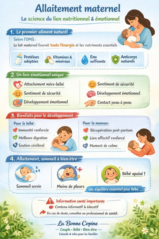 Infographie LBC - Le lait maternel est le premier aliment naturel pour les enfants. Il fournit toute l'énergie et tous les nutriments dont le nourrisson a besoin pendant ses premiers mois de vie." Mère allaitant bébé, composition nutritionnelle dynamique.