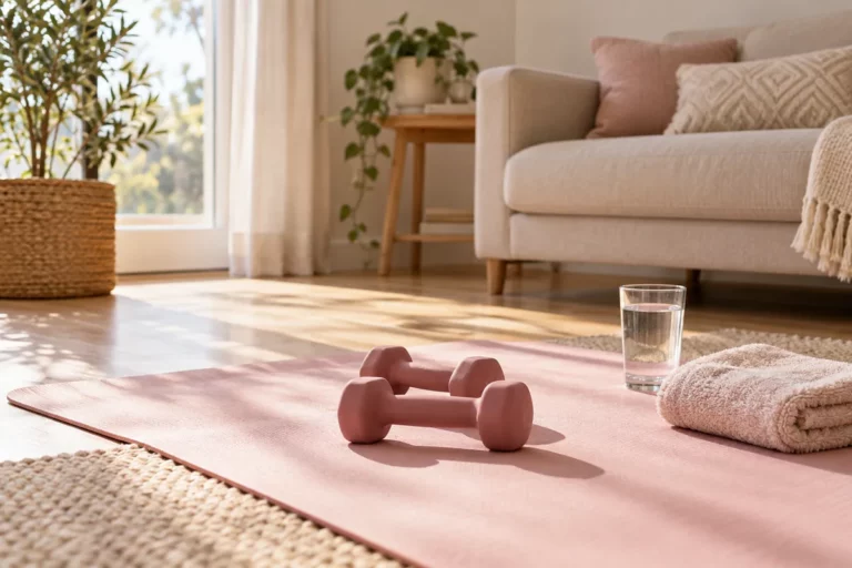Haltères roses, tapis et serviette dans un salon lumineux pour renforcer le haut du corps.