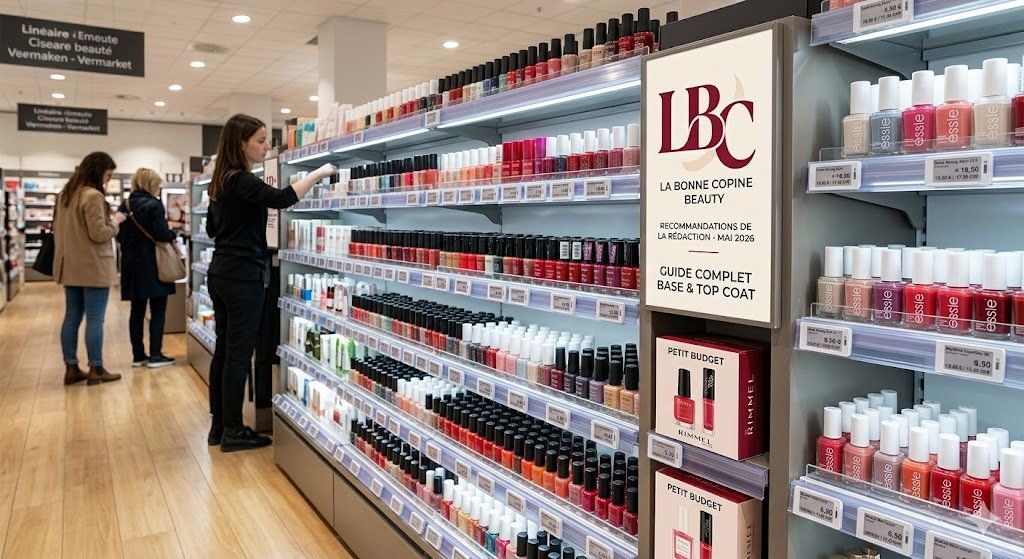 Rayon beauté d'un grand magasin avec un large choix de vernis à ongles, affichant une PLV avec le logo LBC La Bonne Copine Beauty pour les recommandations
