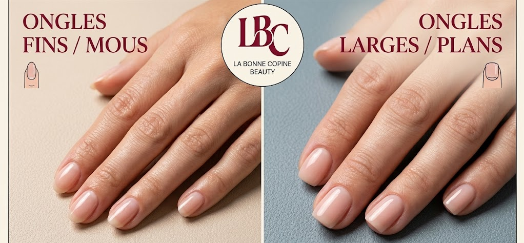 Infographie comparative de La Bonne Copine Beauty (mai 2026) montrant la différence morphologique entre des ongles fins ou mous à gauche et des ongles larges ou plans à droite.