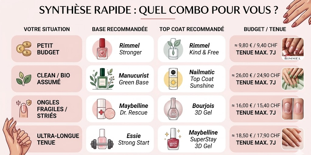 Infographie de synthèse mise à jour en mai 2026 comparant les meilleurs duos de base et top coat selon le budget et le type d'ongle (Petit budget Rimmel, Clean Manucurist, Ongles fragiles Maybelline, Ultra-longue tenue Essie).