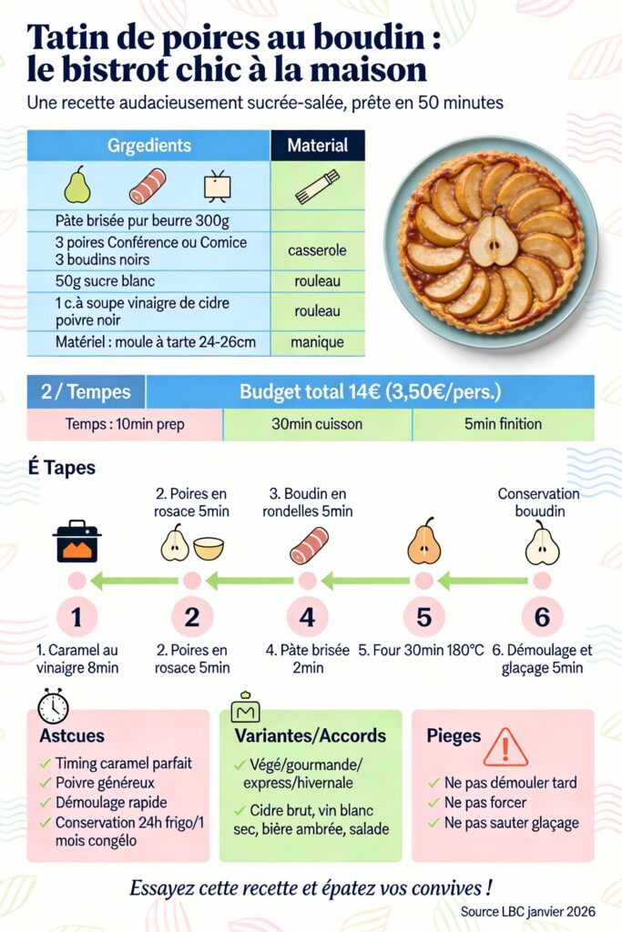 Infographie pastel présentant la recette de la tatin de poires au boudin pour 4 personnes, avec ingrédients, étapes, astuces et accords gourmands.
