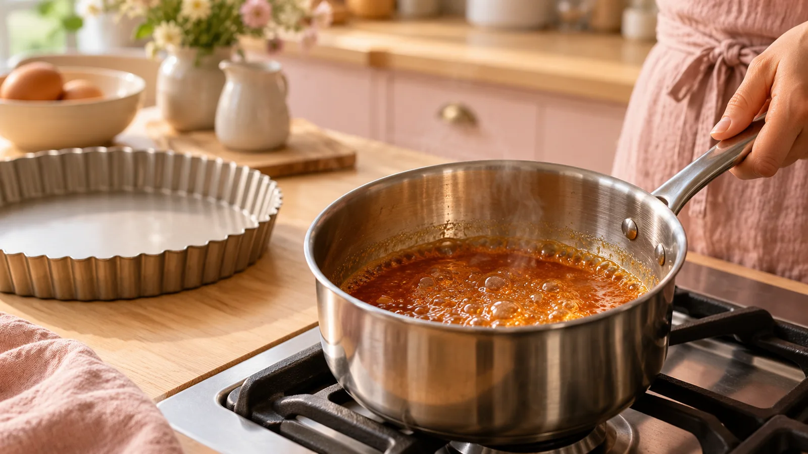 Une casserole de caramel ambr&eacute; sur le feu, avec un moule &agrave; tarte en m&eacute;tal sur un plan de travail en bois