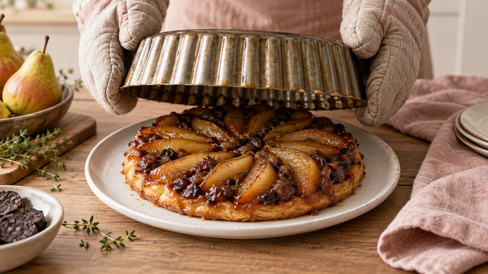 Deux mains avec des maniques d&eacute;moulent une tatin de poires aux quartiers caram&eacute;lis&eacute;s sur un plat blanc