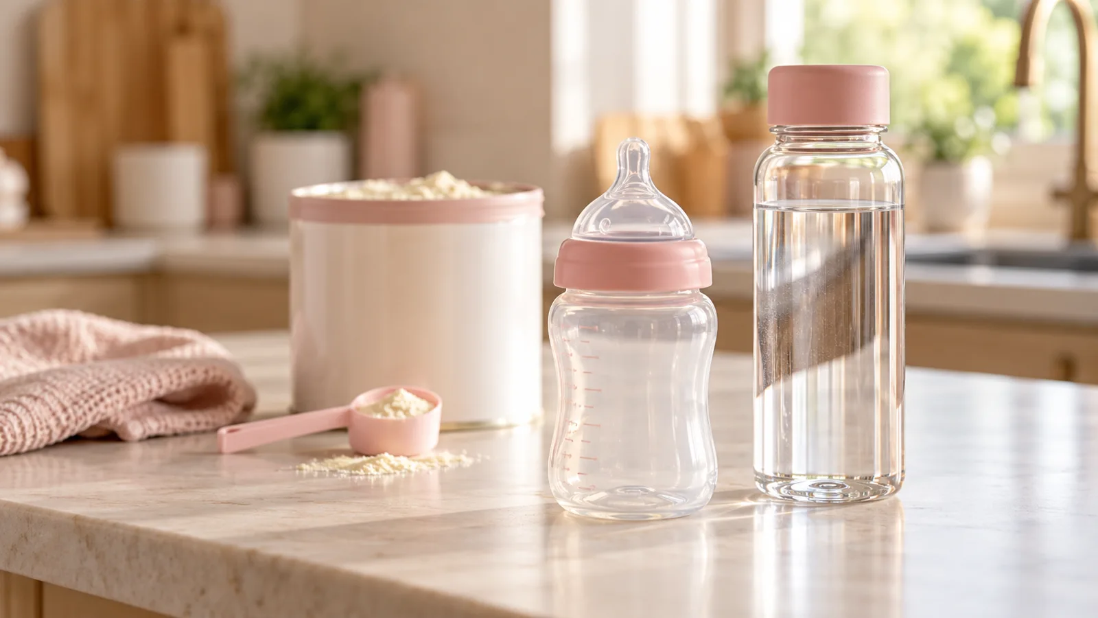 Biberon vide et bouteille d’eau sur un plan de cuisine propre