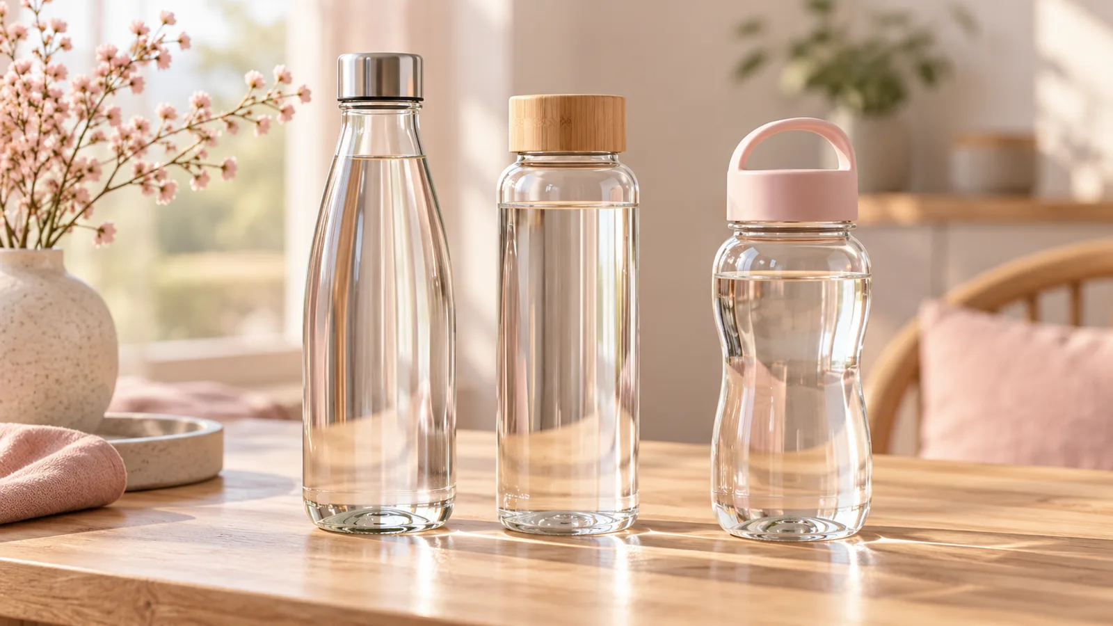 Trois bouteilles d’eau sans étiquette alignées sur une table en bois