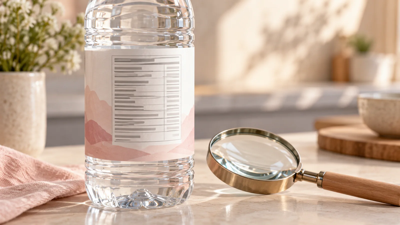 Étiquette générique de bouteille d’eau et loupe sur un plan de travail