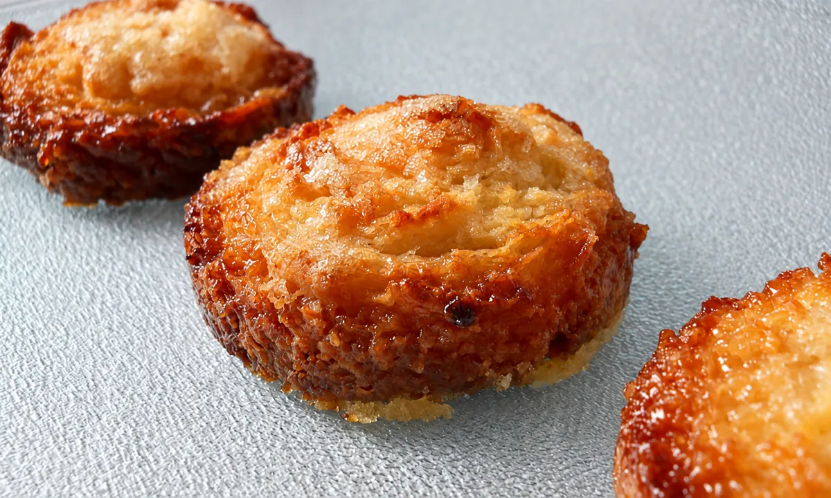 Trois petits kouign-amann dorés sur une surface grise texturée.