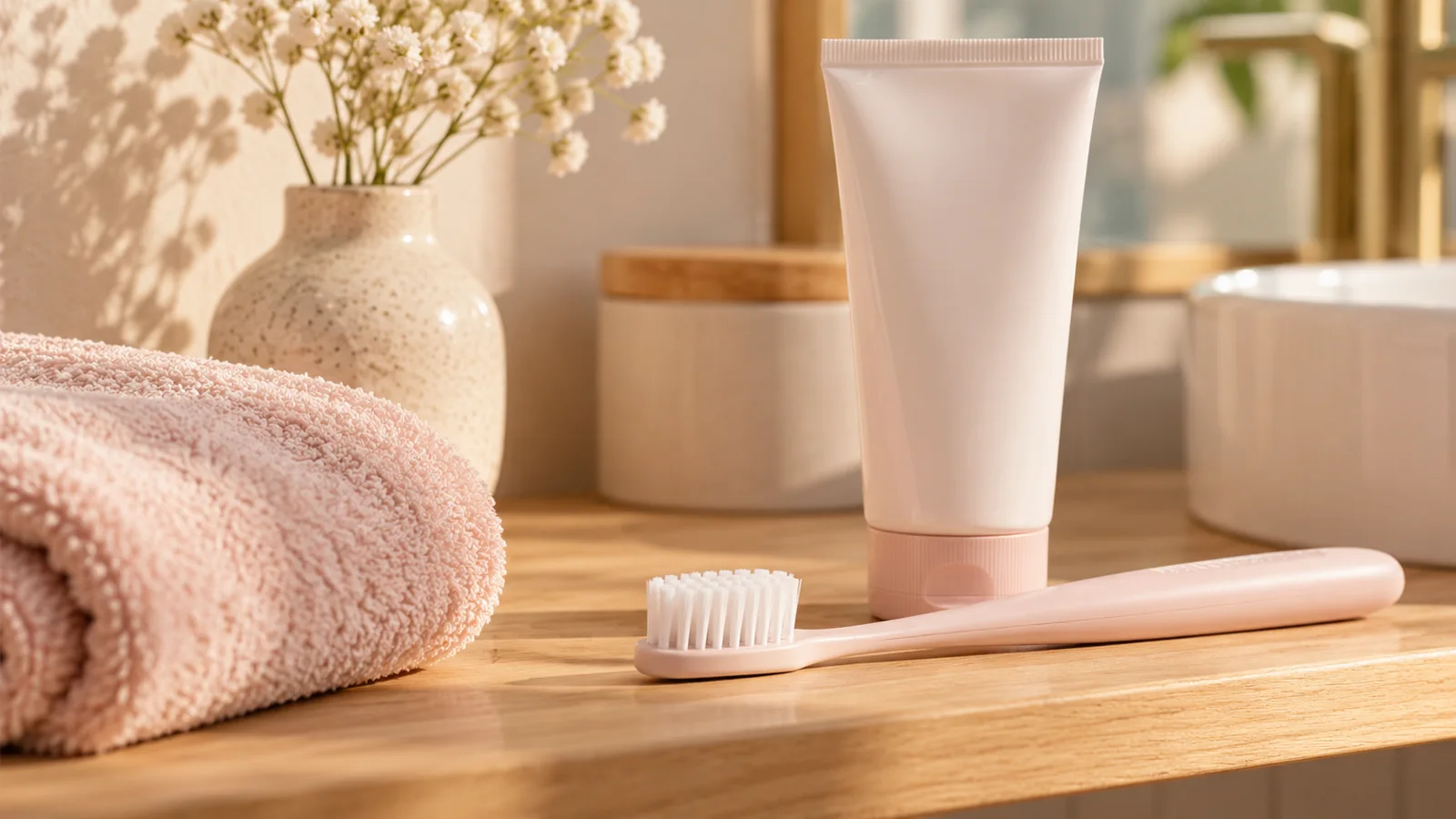 Brosse à dents souple et tube de dentifrice sur une étagère de salle de bains
