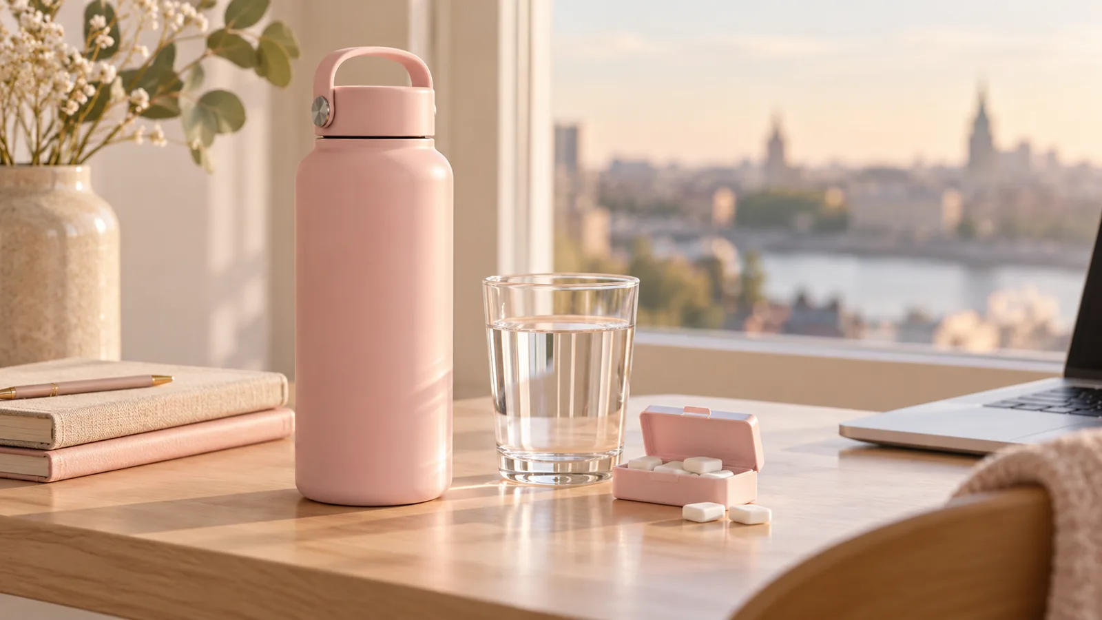 Gourde et verre d’eau sur un bureau près d’une fenêtre