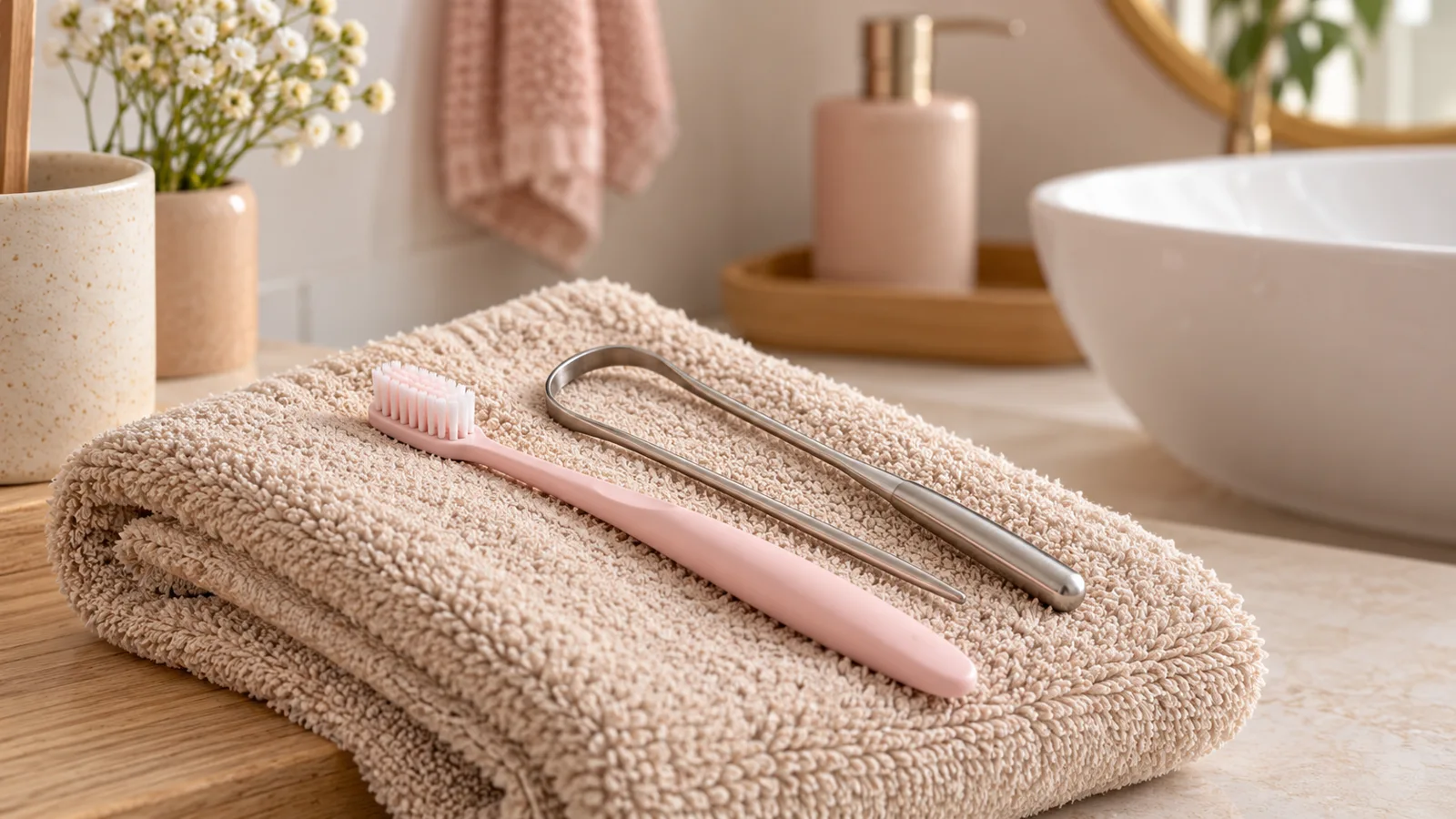 Brosse souple et gratte-langue sur une serviette beige