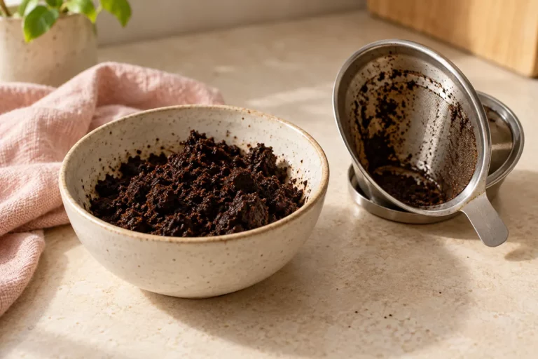 Du marc de café dans un bol en céramique à côté d’un filtre réutilisable.
