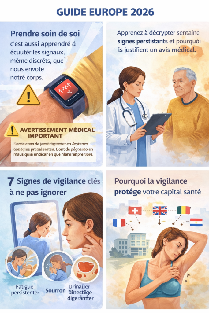 Illustration santé montrant les signes physiques à surveiller et l’importance de consulter un médecin en Europe en 2026