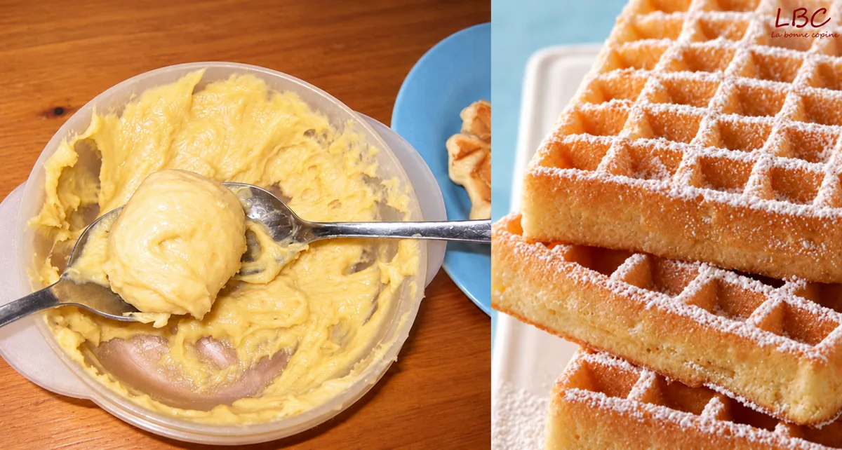 P&acirc;te &agrave; gaufres dans un saladier et gaufres dor&eacute;es saupoudr&eacute;es de sucre.