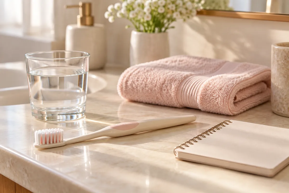 Brosse à dents, verre d’eau et carnet sur un plan de toilette clair