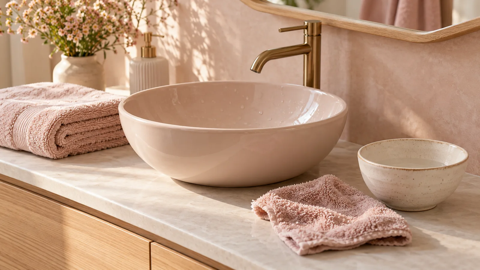 Vasque rose, serviette pliée et gant de toilette sur un meuble de salle de bains