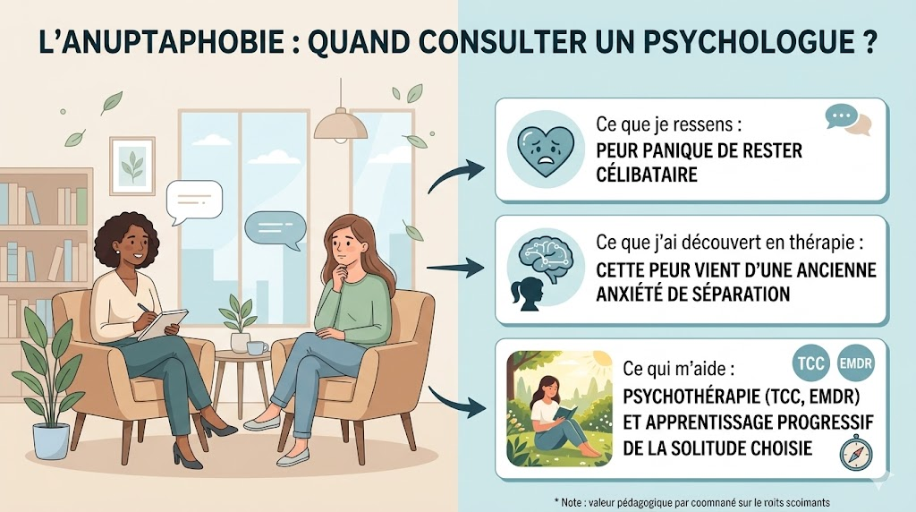 Une infographie pédagogique horizontale en français intitulée « L’ANUPTAPHOBIE : QUAND CONSULTER UN PSYCHOLOGUE ? ». Elle présente une séance de thérapie à gauche, où un psychologue prend des notes face à un patient assis confortablement. À droite, trois blocs courts type témoignage avec des icônes douces et non stigmatisantes : 1) Ce que je ressens : peur panique de rester célibataire, illustrée par un cœur brisé et des bulles de dialogue. 2) Ce que j’ai découvert en thérapie : cette peur vient d’une ancienne anxiété de séparation, illustrée par un cerveau et une silhouette d'enfant. 3) Ce qui m’aide : psychothérapie (TCC, EMDR) et apprentissage progressif de la solitude choisie, illustrée par un cerveau et des outils de thérapie équilibrés. Le texte est net, lisible et en français. Style vectoriel moderne aux couleurs pastels douces (bleu, vert, rose) sur fond clair minimaliste. Alt text recommandé : « anuptaphobie témoignage thérapie psychologue consultation » - infographie originale LBC