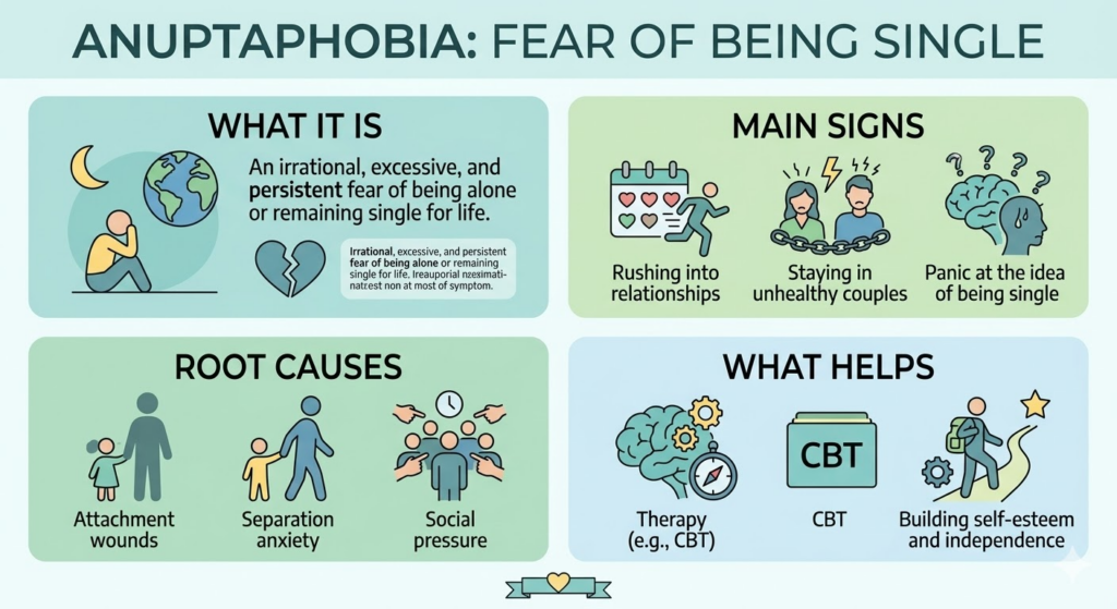 An educational infographic titled "ANUPTAPHOBIA: FEAR OF BEING SINGLE" presented in a clean 2x2 grid with soft pastel colors and modern icons. The top-left panel, "WHAT IT IS", defines it as an irrational, excessive, and persistent fear of being alone or remaining single for life, featuring a silhouette alone under a crescent moon. The top-right panel, "MAIN SIGNS", shows figures with stres lines and icons for "Rushing into relationships" (calendar), "Staying in unhealthy couples" (chained figures), and "Panic at the idea of being single" (stressed brain). The bottom-left panel, "ROOT CAUSES", has icons of a child linked to an adult and a group of people with pointed fingers, labelled "Attachment wounds", "Separation anxiety", and "Social pressure". The bottom-right panel, "WHAT HELPS", features supportive icons and labelled blocks for "Therapy (e.g., CBT)", "CBT", and "Building self-esteem and independence", depicting a confident figure on a path. All text is clear and legible sans-serif. Recommended alt text: "anuptaphobia fear of being single infographic with causes and symptoms". - original LBC infographic