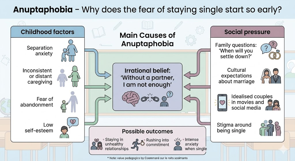 An educational infographic diagram titled "Anuptaphobia – Why does the fear of staying single start so early?". It features a central flowchart with arrows converging from two columns toward a large box: "Irrational belief: ‘Without a partner, I am not enough’". The left column, "Childhood factors", shows icons and points: "Separation anxiety", "Inconsistent or distant caregiving", "Fear of abandonment", and "Low self-esteem". The right column, "Social pressure", has icons and points: "Family questions: ‘When will you settle down?’", "Cultural expectations about marriage", "Idealised couples in movies and social media", and "Stigma around being single". A bottom horizontal box lists "Possible outcomes": "Staying in unhealthy relationships", "Rushing into commitment", and "Intense anxiety when single". The text is clear sans-serif. Recommended alt text: "anuptaphobia causes childhood attachment and social pressure diagram".