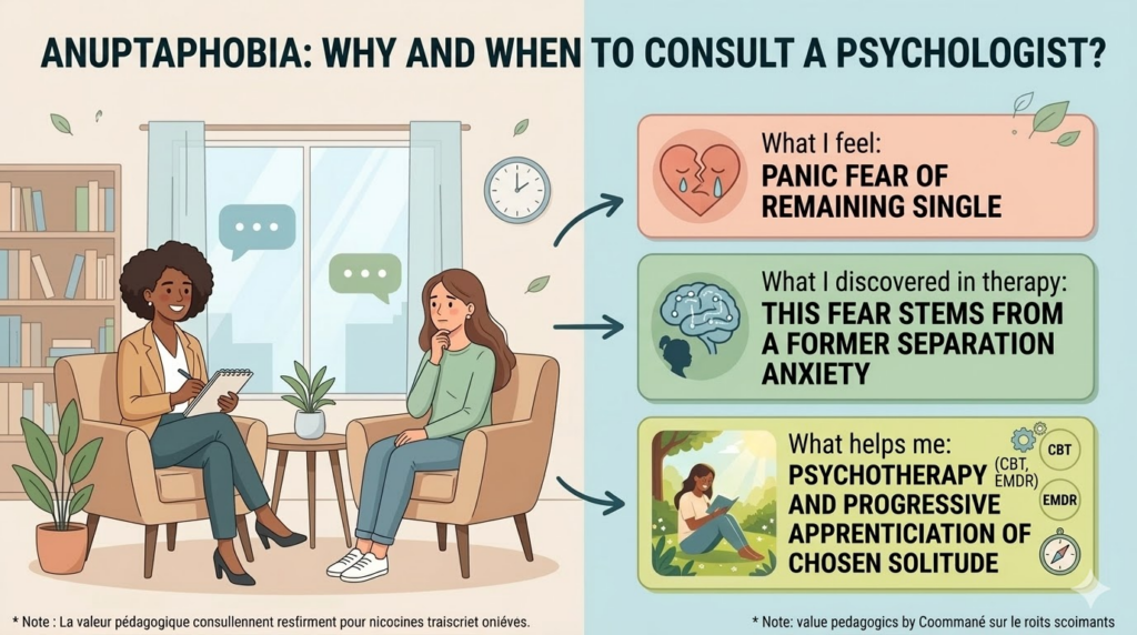 An educational infographic diagram titled "ANUPTAPHOBIA: WHY AND WHEN TO CONSULT A PSYCHOLOGUE?". It is presented in a clean, split composition with a modern vector illustration style and soft pastel colors (blues, greens, pinks). The left side depicts a therapy session in a peaceful, light-filled consulting room with a window, bookshelves, and various plants. A diverse psychologist sits in an armchair opposite a thoughtful patient. The right side features three stacked, color-coded informative boxes linked by arrows: 1) Top (soft pink-orange) titled "What I feel: PANIC FEAR OF REMAINING SINGLE", with icons of a broken, crying heart. 2) Middle (soft green) titled "What I discovered in therapy: THIS FEAR STEMS FROM A FORMER SEPARATION ANXIETY", with icons of a brain diagram and a small child silhouette. 3) Bottom (soft yellow-green) titled "What helps me: PSYCHOTHERAPY (CBT, EMDR) AND PROGRESSIVE APPRENTICIATION OF CHOSEN SOLITUDE", showing a diverse person sitting happily reading in a sunlit garden, with gear, compass, and "CBT" and "EMDR" badges. All text is in clear English (UK) sans-serif. Recommended alt text: "anuptaphobia causes symptoms and solutions infographic."