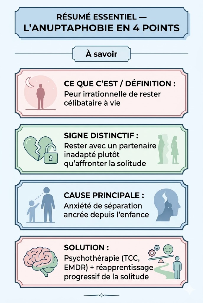 Une infographie pédagogique verticale en français intitulée « RÉSUMÉ ESSENTIEL — L’ANUPTAPHOBIE EN 4 POINTS ». Elle présente quatre blocs distincts avec des icônes douces et non stigmatisantes : 1) Ce que c’est / Définition : Peur irrationnelle de rester célibataire à vie, illustrée par une silhouette seule sous la lune. 2) Signe distinctif : Rester avec un partenaire inadapté plutôt qu’affronter la solitude, illustrée par un cœur brisé et un cadenas ouvert avec des silhouettes se séparant. 3) Cause principale : Anxiété de séparation ancrée depuis l’enfance, illustrée par une silhouette d'enfant et d'adulte avec des flèches. 4) Solution : Psychothérapie (TCC, EMDR) + réapprentissage progressif de la solitude, illustrée par un cerveau et des outils de thérapie équilibrés. Le texte est net, lisible et en français. Style vectoriel moderne aux couleurs pastels douces (bleu, vert, rose) sur fond clair minimaliste. Alt text recommandé : « anuptaphobie peur du célibat infographie causes symptômes solutions ». infographie originale LBC