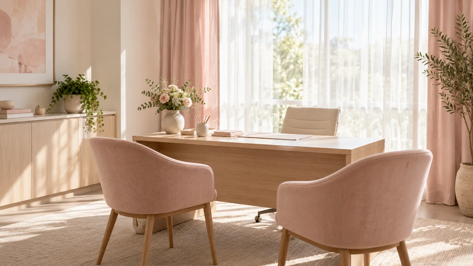 Cabinet lumineux avec un bureau et deux chaises