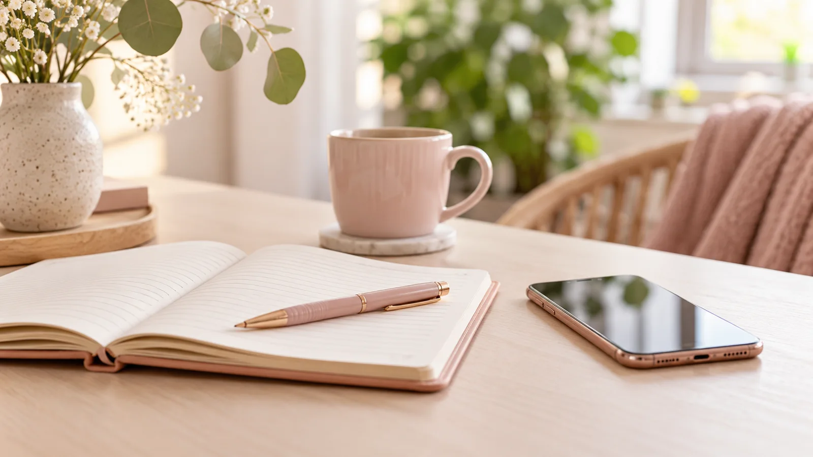 Carnet ouvert, stylo et smartphone sur un bureau clair