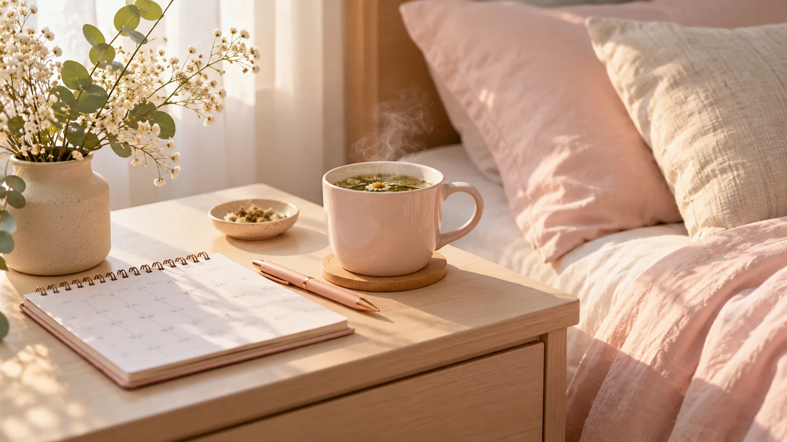 Calendrier papier, stylo et tasse de tisane sur une table de chevet