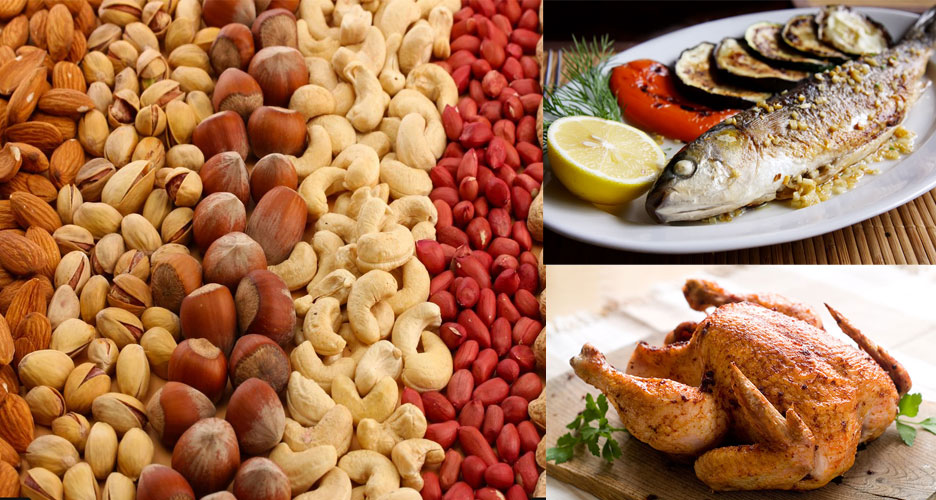 Les poissons, les noix et les poulets