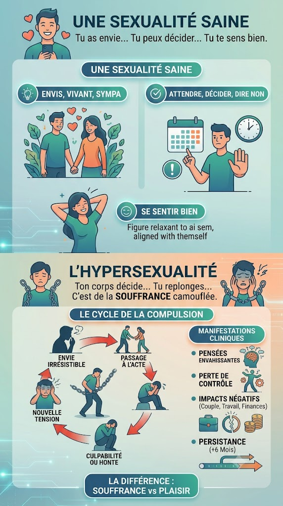 Infographie verticale comparant la sexualité saine (choisie, bien-être) et l'hypersexualité (cycle de compulsion, perte de contrôle, souffrance).