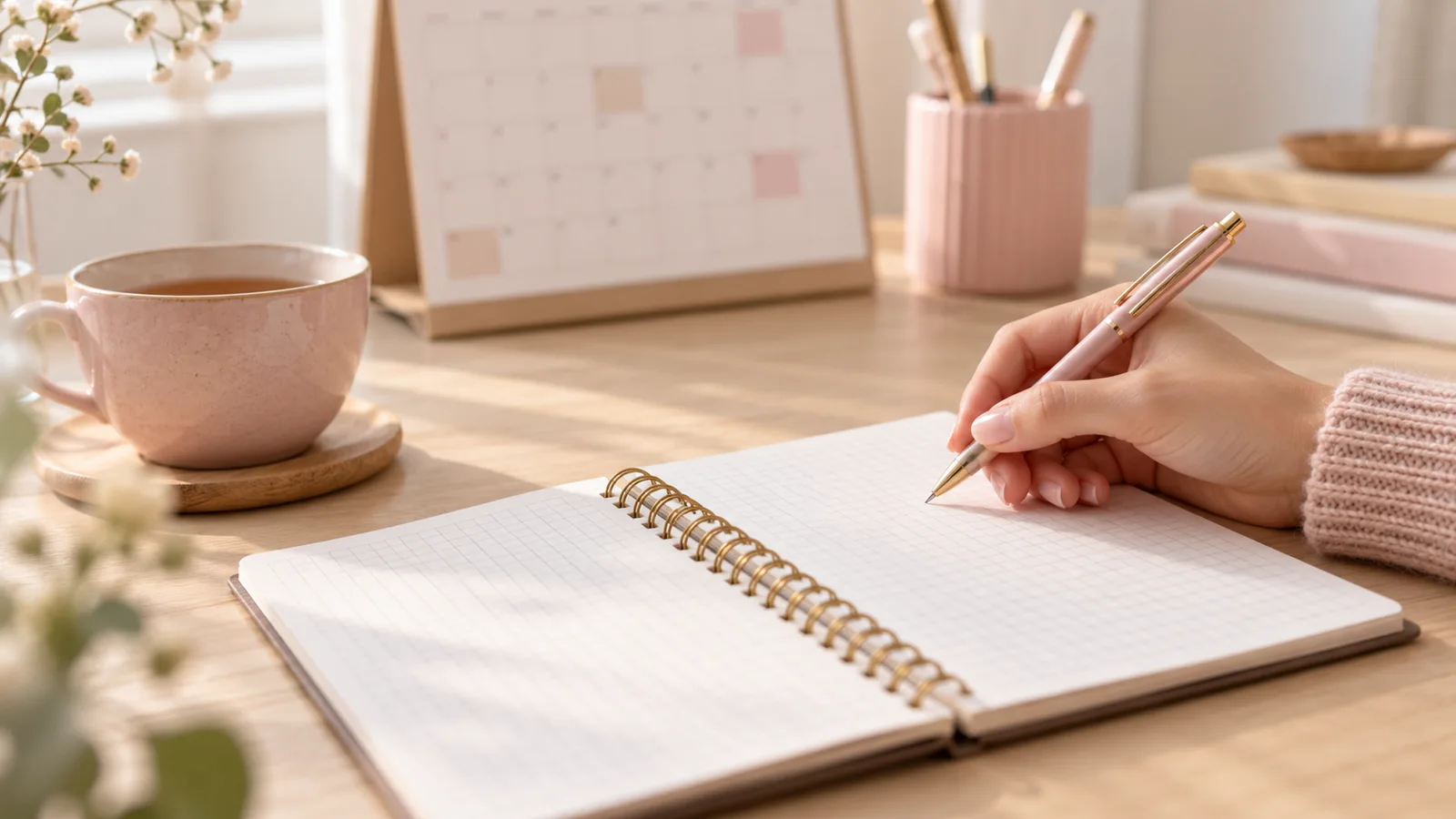 Carnet vierge et stylo, une main pr&ecirc;te &agrave; &eacute;crire sur une table en bois