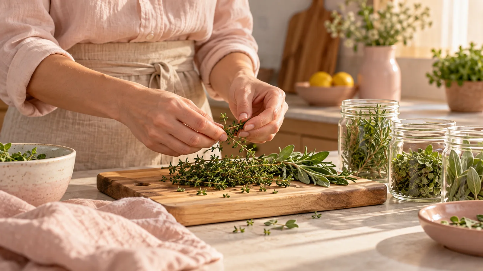 Mains pr&eacute;parant herbes et bocaux sur un plan de travail de cuisine