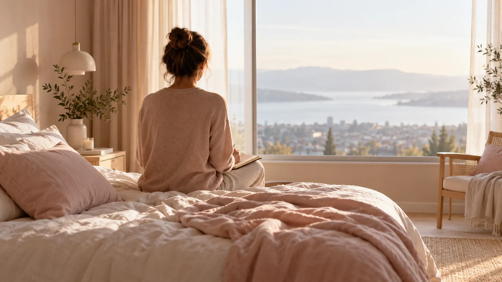 Une femme vue de dos est assise sur un lit face &agrave; une fen&ecirc;tre donnant sur un paysage c&ocirc;tier