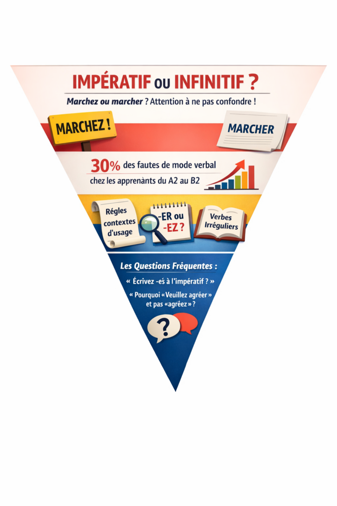 Infographic explaining the difference between French imperative and infinitive using the example 'marchez' vs. 'marcher' and a tip for choosing between -er and -ez.