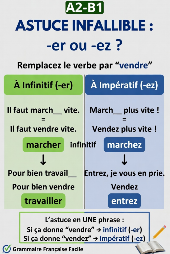 Foolproof tip for French imperative vs. infinitive: replace the verb with &ldquo;sell&rdquo; to choose between -er and -ez (easy French grammar).