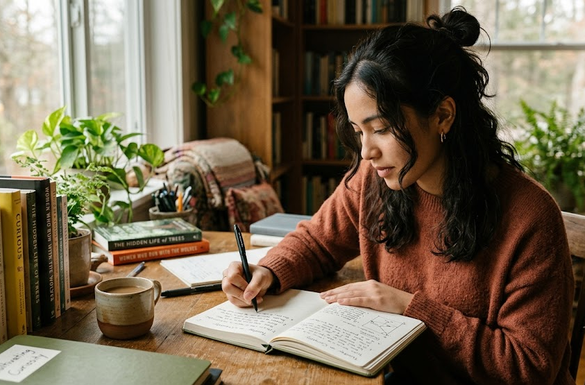 Young woman writing in her journal to cultivate curiosity at a wooden desk with books and plants