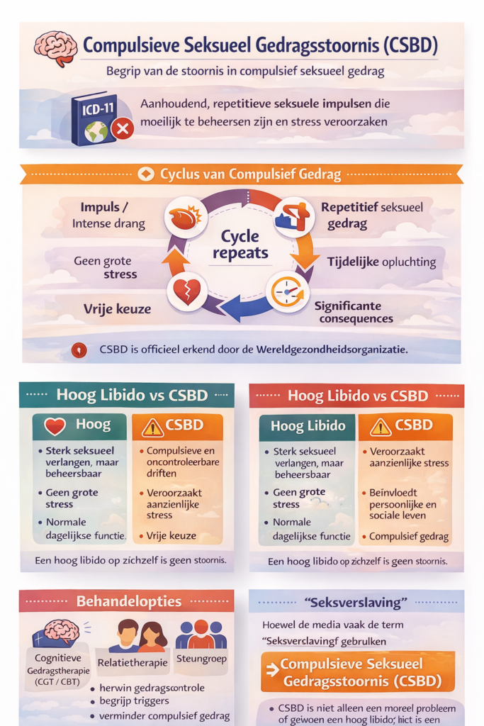 Vijfdelige educatieve infographic over Compulsieve Seksueel Gedragsstoornis (CSBD) in het Nederlands, inclusief definitie, cyclus van compulsief gedrag, vergelijking met hoog libido, behandelopties en uitleg van 'seksverslaving' versus CSBD.