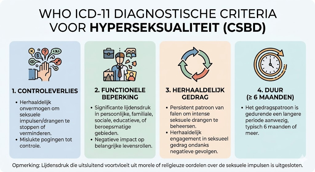 Professioneel diagram dat de diagnostische criteria van de WHO ICD-11 voor Hyperseksualiteit (Compulsieve Seksuele Gedragsstoornis - CSBD) schetst, met de nadruk op Controleverlies en Functioneel Lijden.