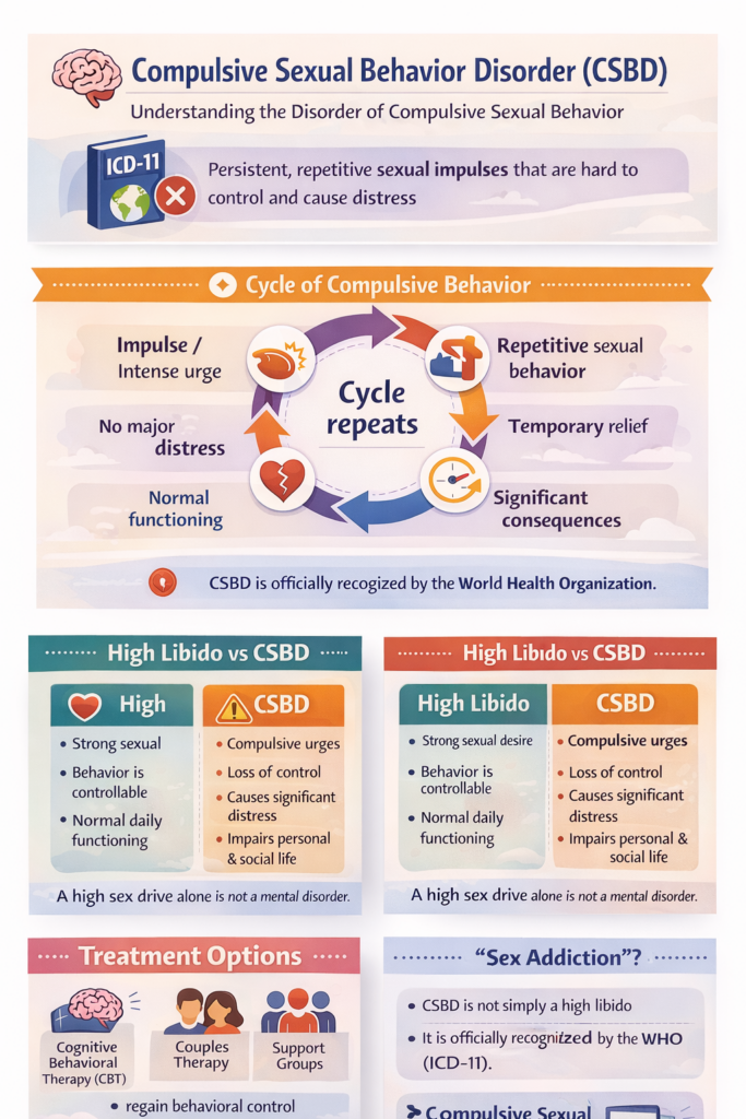 Infographic set explaining Compulsive Sexual Behavior Disorder (CSBD), including cycle of compulsive behavior, differences between high libido and CSBD, and treatment options